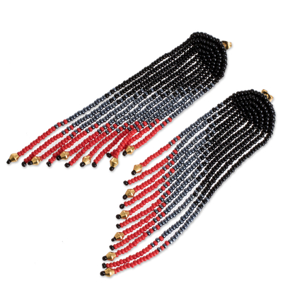 Pendientes cascada con cuentas - Pendientes largos de cascada con cuentas en negro, gris y rojo