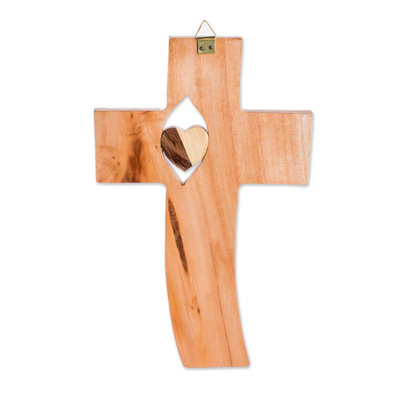 Holzwandkreuz, 'Herz innen' (Herz innen) - Herzthema: Wandkreuz aus Zedernholz aus Guatemala