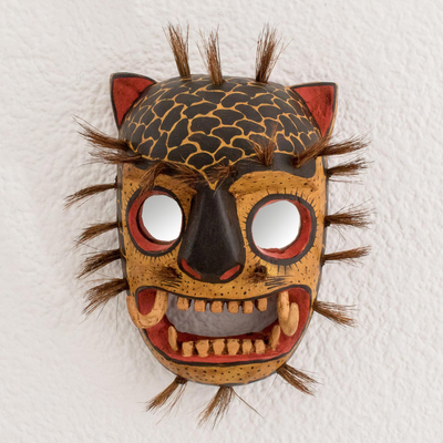 Wood mask, 'Jaguar' - Hand-Carved Rustic Wood Jaguar Mask from Guatemala