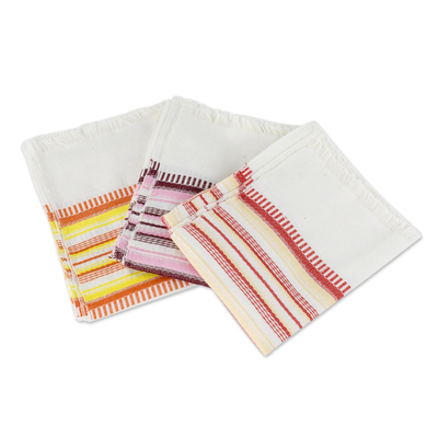 Geschirrtücher aus Baumwolle, 'Warme Farben' (3er-Satz) - Set mit 3 handgewebten Handtüchern aus guatemaltekischer Baumwolle