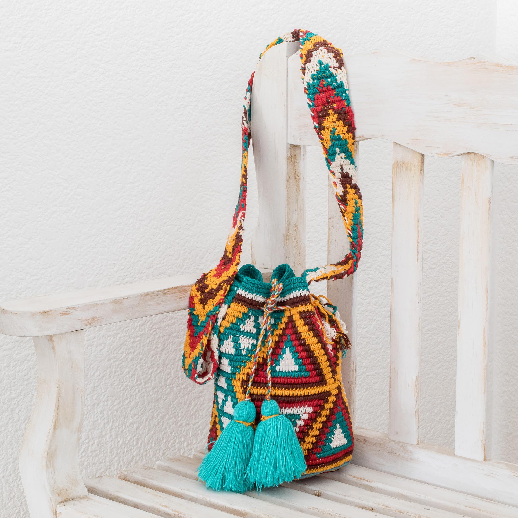 Crochet Bottle Bag in Rainbow Stripe  Handmade in Guatemala by Mayan Hands