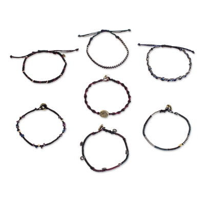 Glass beaded macrame bracelets, 'Boho Histories in Black' (set of 7) - Glass Beaded Macrame Bracelets in Black (Set of 7)