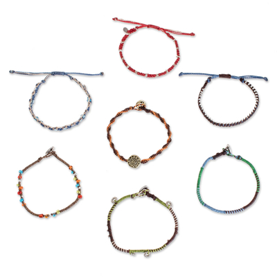 Glass beaded macrame bracelets, 'Histories' (set of 7) - Colorful Glass Beaded Macrame Bracelets (Set of 7)