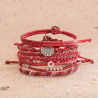 Glass beaded macrame bracelets, 'Boho Histories in Red' (set of 7) - Glass Beaded Macrame Bracelets in Red (Set of 7)