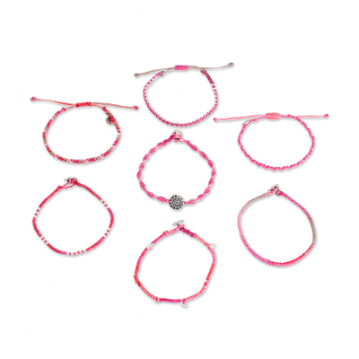 Glass beaded macrame bracelets, 'Boho Histories in Fuchsia' (set of 7) - Glass Beaded Macrame Bracelets in Fuchsia (Set of 7)
