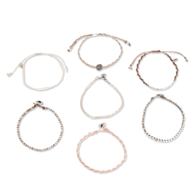Glass beaded macrame bracelets, 'Boho Histories in Pink' (set of 7) - Glass Beaded Macrame Bracelets in Pink (Set of 7)