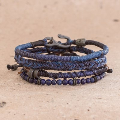 Lapis lazuli and leather bracelets, 'Boho Friends' (set of 4) - Lapis Lazuli and Leather Bracelets from Guatemala (Set of 4)