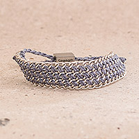 Hand-knotted wristband bracelet, 'Bold Mail in Cadet Blue' - Hand-Knotted Wristband Bracelet in Cadet Blue with Metal