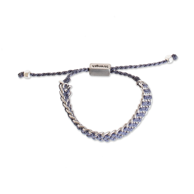 Hand-knotted wristband bracelet, 'Bold Mail in Cadet Blue' - Hand-Knotted Wristband Bracelet in Cadet Blue with Metal