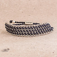 Hand-knotted wristband bracelet, 'Bold Mail in Navy' - Hand-Knotted Wristband Bracelet in Navy with Metal
