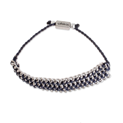 Hand-Knotted Wristband Bracelet in Navy with Metal