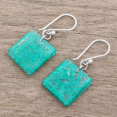 Recycled CD dangle earrings, 'Square Lakes' - Square Recycled CD Dangle Earrings in Blue from Guatemala