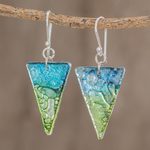 Recycled CD dangle earrings, 'Ombre Triangles' - Triangular Recycled CD Dangle Earrings from Guatemala