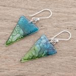 Recycled CD dangle earrings, 'Ombre Triangles' - Triangular Recycled CD Dangle Earrings from Guatemala
