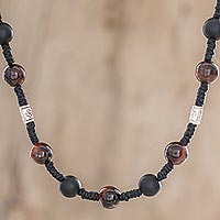 Onyx and cat's eye beaded station necklace, 'What's Next' - Adjustable Onyx and Cat's Eye Station Necklace
