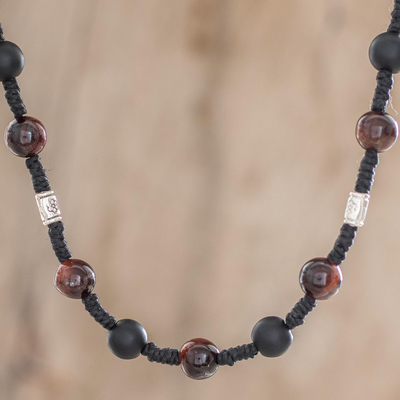 Halskette mit Perlen aus Onyx und Katzenauge - Verstellbare Stationshalskette aus Onyx und Katzenauge