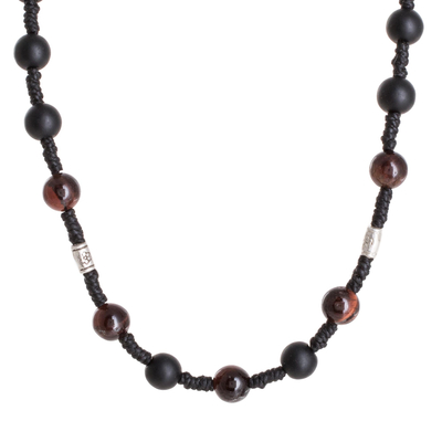 Onyx and cat's eye beaded station necklace, 'What's Next' - Adjustable Onyx and Cat's Eye Station Necklace