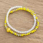 Crystal beaded wrap stretch bracelet, 'Joyful Union' - Crystal Beaded Wrap Bracelet in Yellow and White