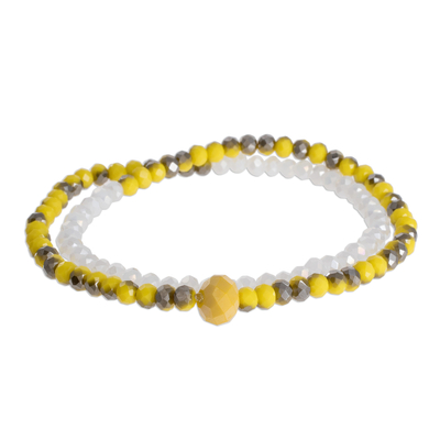 Crystal beaded wrap stretch bracelet, 'Joyful Union' - Crystal Beaded Wrap Bracelet in Yellow and White