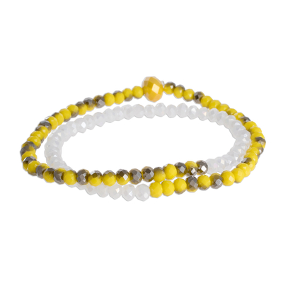 Crystal beaded wrap stretch bracelet, 'Joyful Union' - Crystal Beaded Wrap Bracelet in Yellow and White