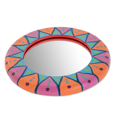 Wood wall mirror, 'Round Color' - Round Hand-Painted Wood Wall Mirror from Guatemala