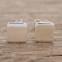 Sterling silver stud earrings, 'Square Simplicity' - High-Polish Square Sterling Silver Stud Earrings