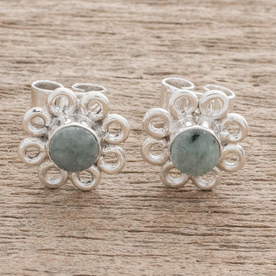 Jade stud earrings, 'Curly Petals' - Jade Stud Earrings with Circle Motifs from Guatemala