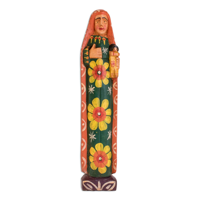 Holzstatuette - Florale Marienstatuette aus Kiefernholz, hergestellt in Guatemala
