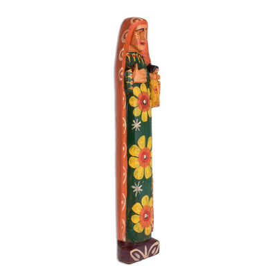 Wood statuette, 'Love for Mary' - Floral Pinewood Mary Statuette Crafted in Guatemala