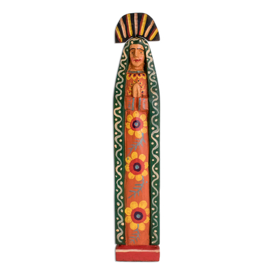 Wood statuette, 'Mary's Corona' - Hand-Painted Wood Mary Statuette from Guatemala