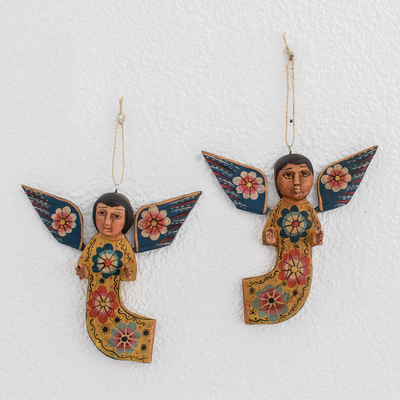 Wanddekorationen aus Holz, (Paar) - Handbemalte Holz-Engel-Wandornamente aus Guatemala (Paar)