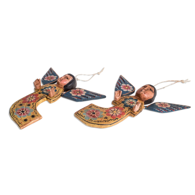 Wood wall ornaments, 'Flower Angels' (pair) - Hand-Painted Wood Angel Wall Ornaments from Guatemala (Pair)