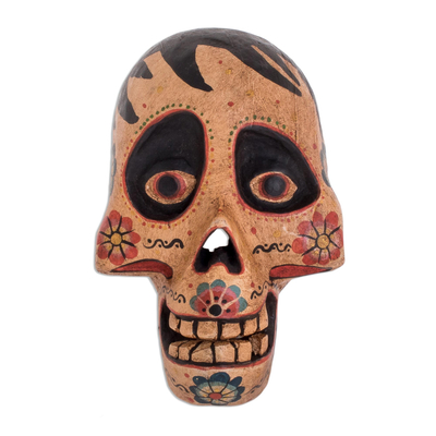 Wood mask, 'Afterlife Friend' - Pinewood Grinning Skull Mask Crafted in Guatemala