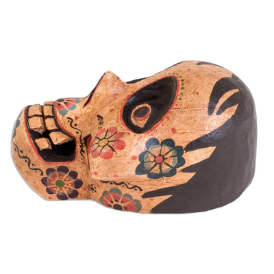 Wood mask, 'Afterlife Friend' - Pinewood Grinning Skull Mask Crafted in Guatemala