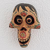 Wood mask, 'Happiness from Beyond' - Rustic Pinewood Smiling Skull Mask Crafted in Guatemala