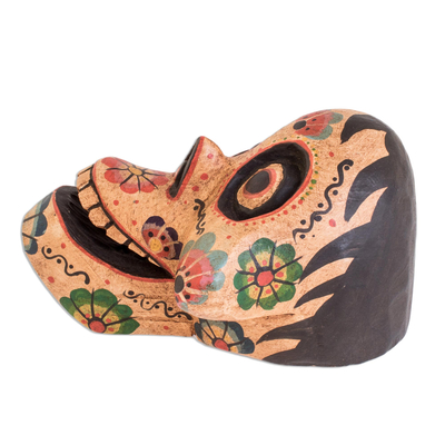 Wood mask, 'Happiness from Beyond' - Rustic Pinewood Smiling Skull Mask Crafted in Guatemala