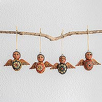 Wood ornaments, 'Angels of the Sky' (set of 4) - Hand-Painted Floral Wood Angel Ornaments (Set of 4)