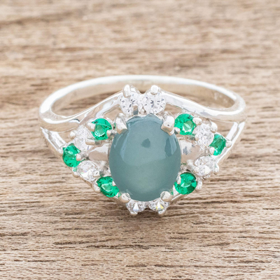 Jade cocktail ring, 'Brilliant Verdant' - Oval Jade and CZ Cocktail Ring Crafted in Guatemala