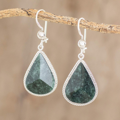 Jade dangle earrings, 'Dark Green Dimensional Drops' - Drop-Shaped Dark Green Jade Dangle Earrings from Guatemala