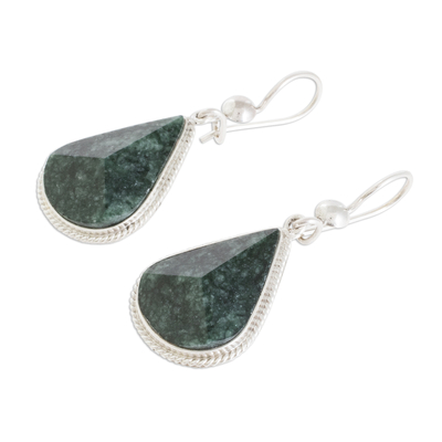 Jade dangle earrings, 'Dark Green Dimensional Drops' - Drop-Shaped Dark Green Jade Dangle Earrings from Guatemala
