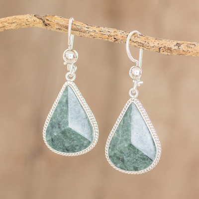 Jade dangle earrings, 'Green Dimensional Drops' - Drop-Shaped Green Jade Dangle Earrings from Guatemala