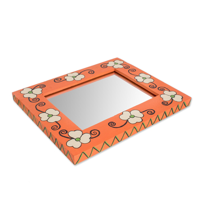 Wood wall mirror, 'Flowers of the Field' - Cheerful Orange Floral Wood Wall Mirror