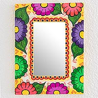 Wood wall mirror, 'Floral Gaze' - Colorful Floral Wood Wall Mirror from Guatemala