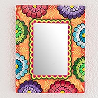 Wood wall mirror, 'Floral Reflection in Orange' - Artisan Crafted Floral Wood Wall Mirror from Guatemala