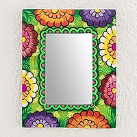 Floral Wood Wall Mirror in Green from Guatemala,'Floral Reflection in Green'
