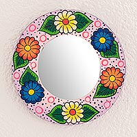 Wood wall accent mirror, 'Floral Energy' - Round Floral Wood Wall Mirror in Purple from Guatemala