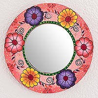 Wood wall mirror, 'Lovely Bouquet' - Round Hand-Painted Floral Wood Wall Mirror from Guatemala