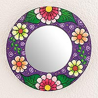 Round Floral Wood Wall Mirror in Purple from Guatemala,'Colorful Bouquet'