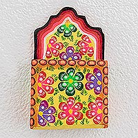 Wood mail holder, 'Floral Message' - Hand-Painted Floral Wood Mail Holder Crafted in Guatemala
