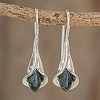 Jade drop earrings, 'Dark Green Calla Lilies' - Silver and Jade Floral Drop Earrings from Guatemala